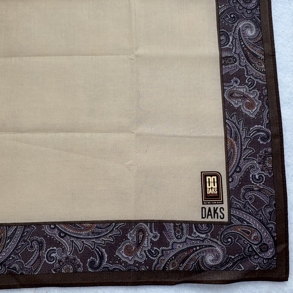 DAKS London Scarf Handkerchief Paisley Border Cotton Tan Brown Accessory 17.5"